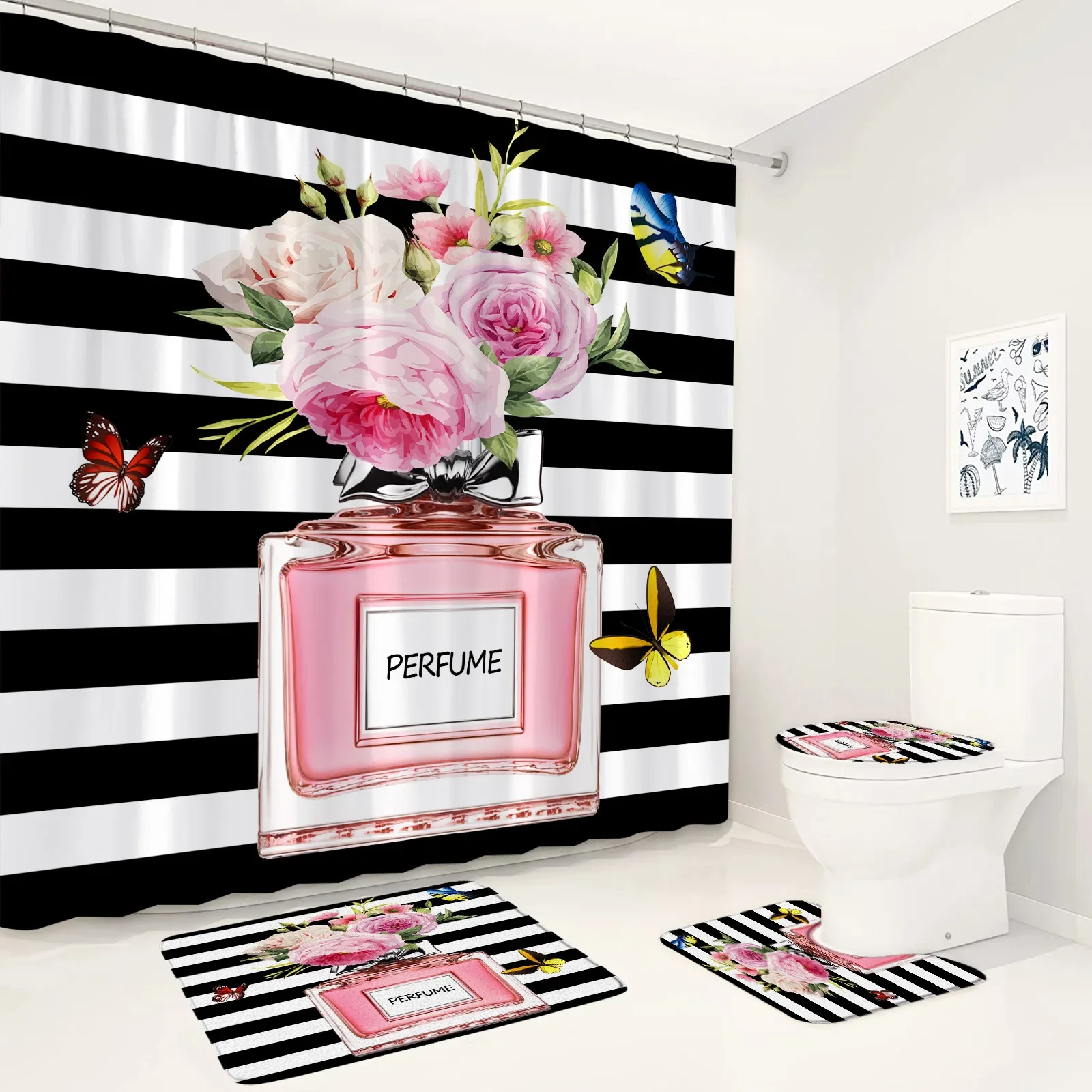 High Heel Perfume Shower Curtain Set Butterfly  Flower Black White Stripes Home Bathroom Decor Non-Slip Rug Bath Mats Toilet Lid