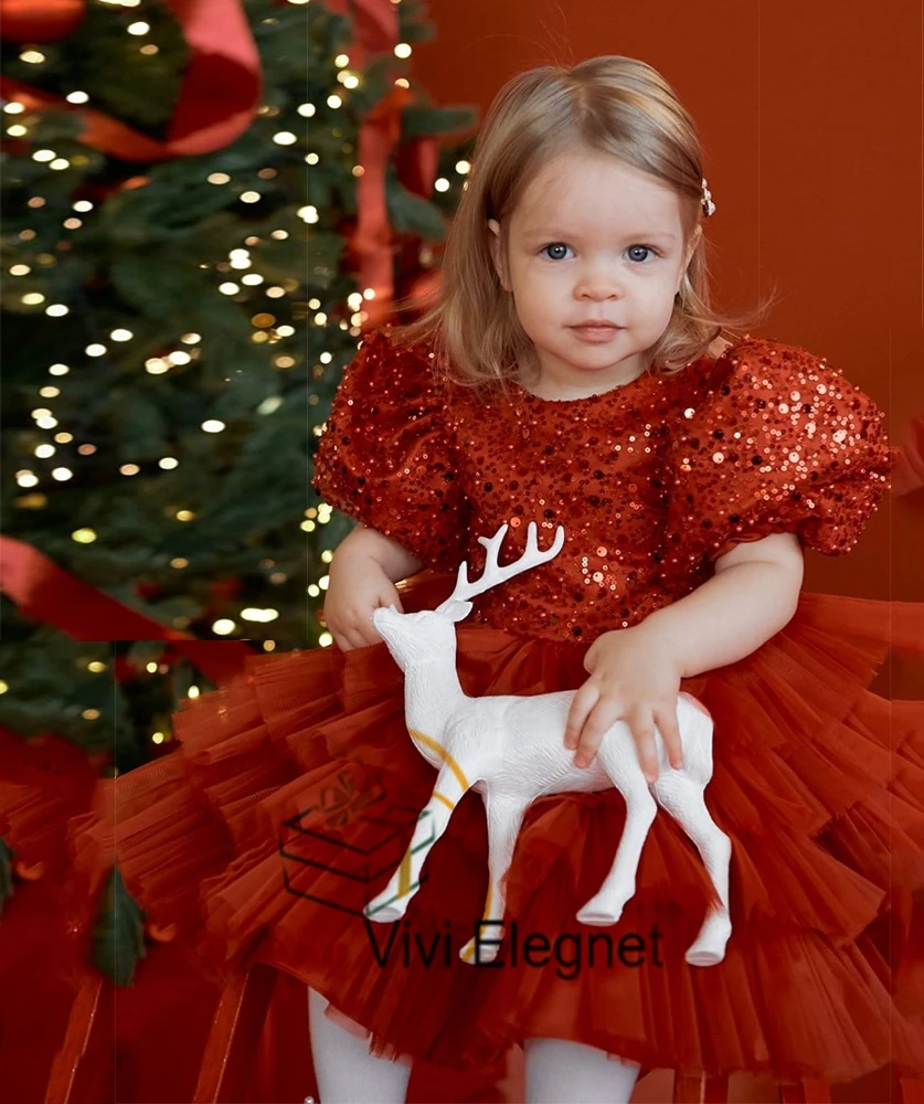 Short Sleeve Red Flower Girl Dresses for Christmas Winter Tiered 2023 New Soft Tulle Tutu Birthday Gowns Glitter فساتين بنات صغا