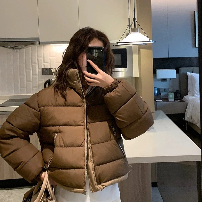 Women's Standing Collar Double-Sided Cotton Jacket Short Color Blocked Bread Parkas