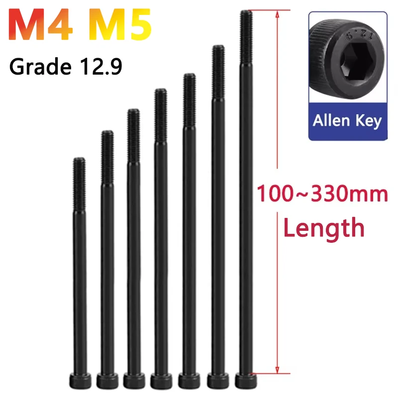 M4 M5 Grade 12.9 Black Hexagon Hex Socket Head Cap Allen Bolt Screw Over Ultra Long 100 110 115-330mm Half Thread Carbon Steel