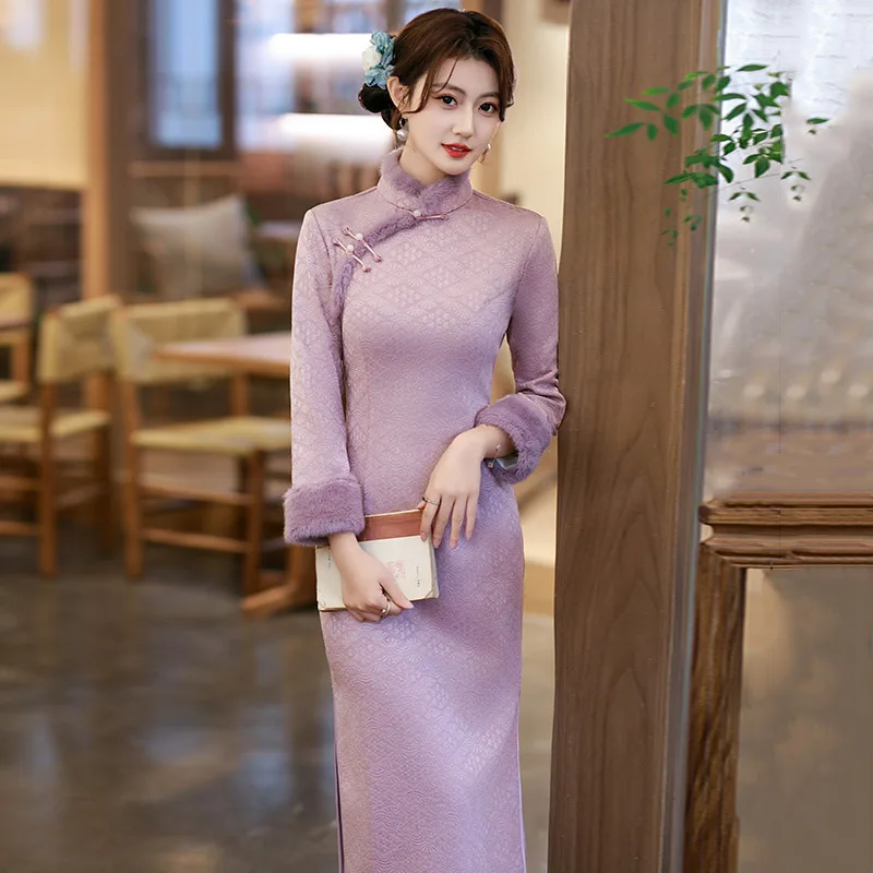Yourqipao Winter Purple Fleece-Lined Thickened Modified Cheongsam Long-Sleeved Qipao Chinese Style Evening Dress for Women