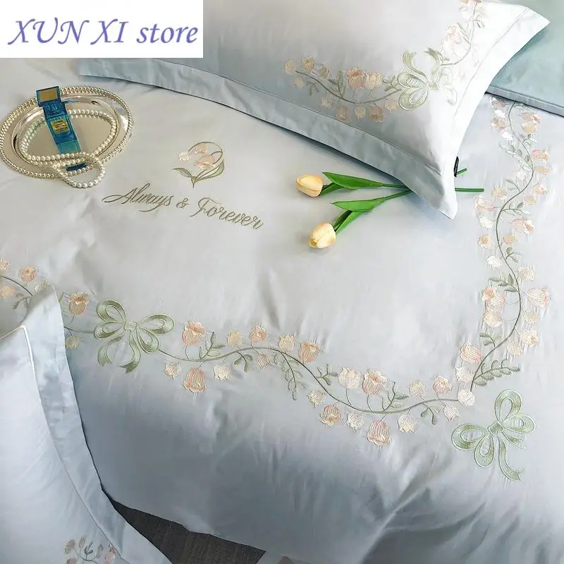 2024 New High-End Simple and Light Luxury Skin-Friendly Cotton Four-Piece Set Simple Embroidery Bedding Lily