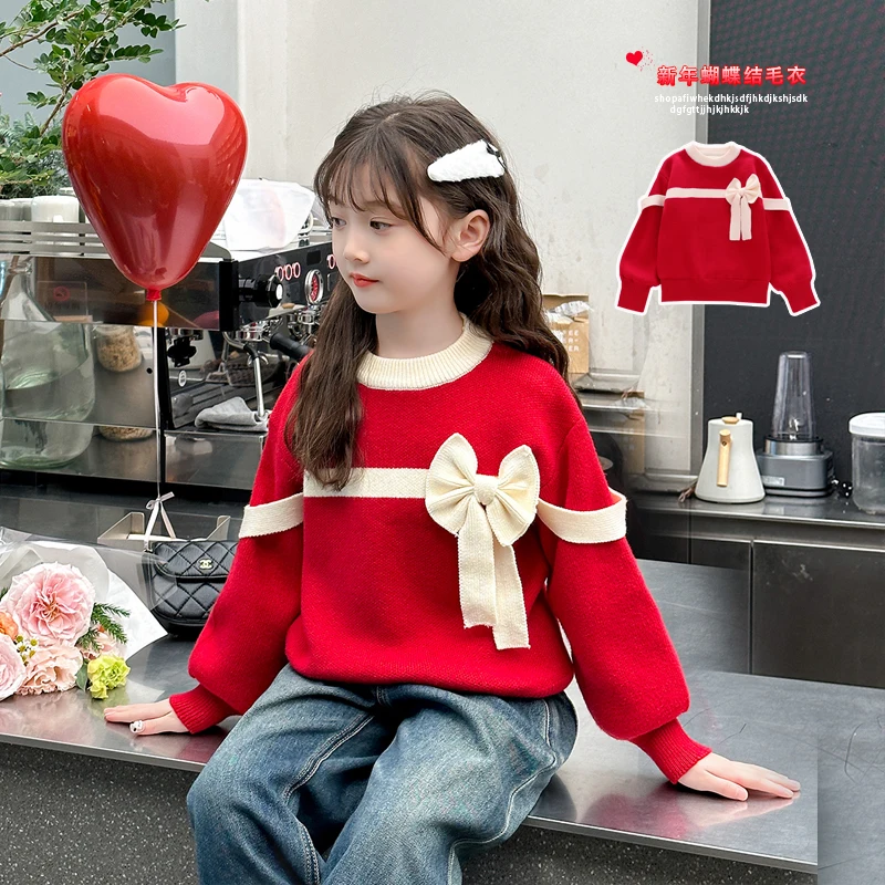 Lovely Baby Girl Sweater with A Bow Red Color Kids Cute Knitted Pullover Outerwear Child Slim Fit Knitwear 4 5 6 7 8 9 11 13 14Y