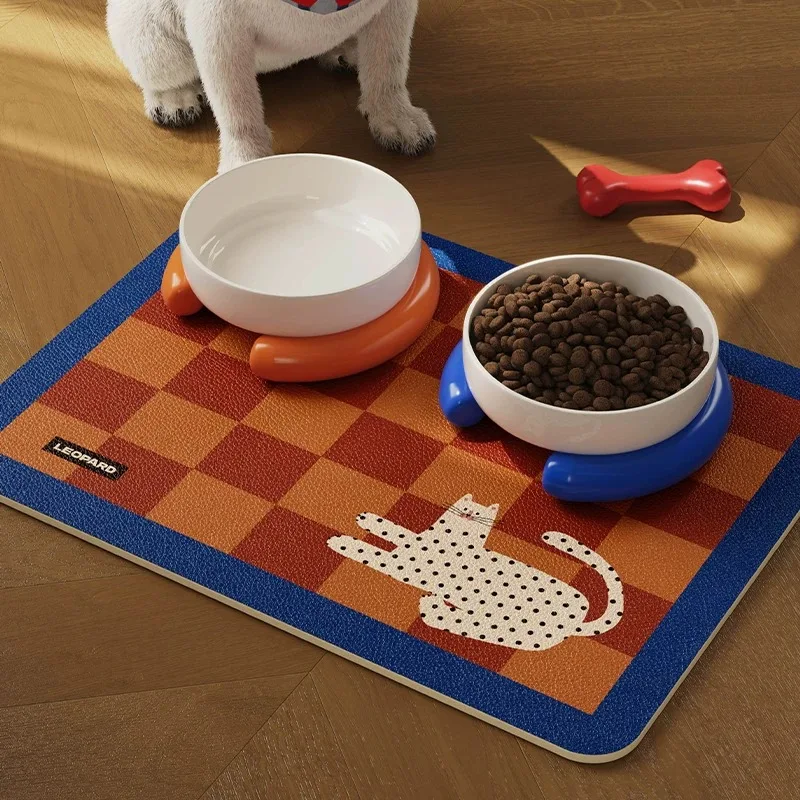 Cute Cartoon Animal Pet Placemat Waterproof Leather Dog Bowl Mat Geometric Color Contrast Pet Food Feeding Mat Floor Protector