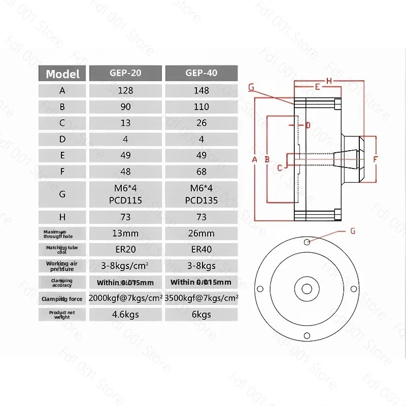 GEP Pneumatic Collet Chuck Front Push Type ER Collet Body for Rotary Cylinder