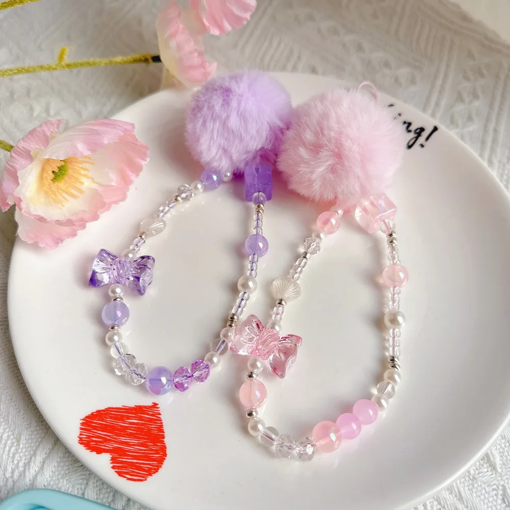 Hair Ball Beaded Phone Straps Kawaii Hanging Cord Bead Chain Cellphone Pendant Wrist Strap Ins Mobile Phone Chain Girls Women