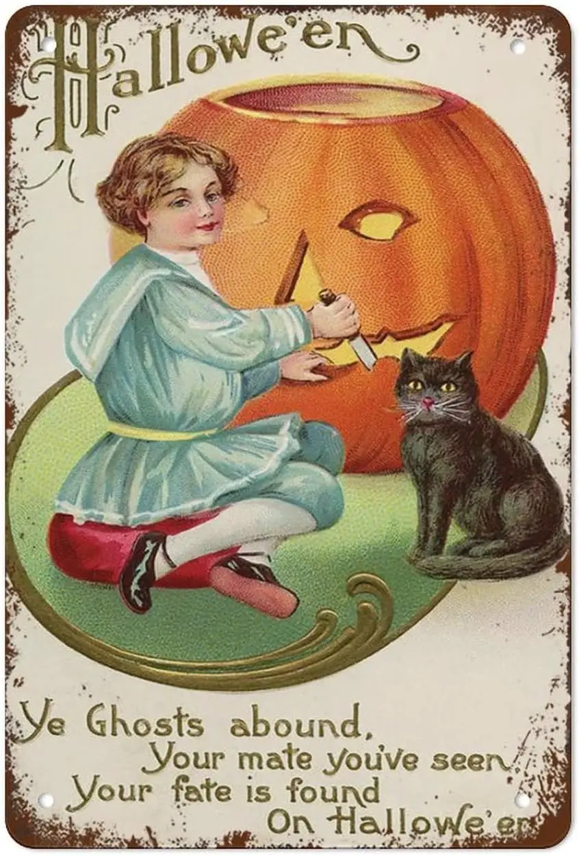 k1,Metal Tin Sign Vintage Metal Signs Halloween Sign Pumpkin Black Vintage Wall Decor Hippie Wall Decor for Home Cafes Office St