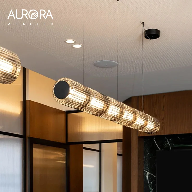 Restaurant Long Stripe Pendant Light Smoke Gray Glass Lampshade Nordic Led Hanging Light Living Dining Room Decor Pendant Lamp