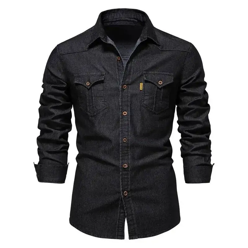 

Elastic Cotton Denim Shirt High Quality Long Sleeve Solid Color Pocket Shirts For Men Casual Slim Fit Mens Designer Clothing