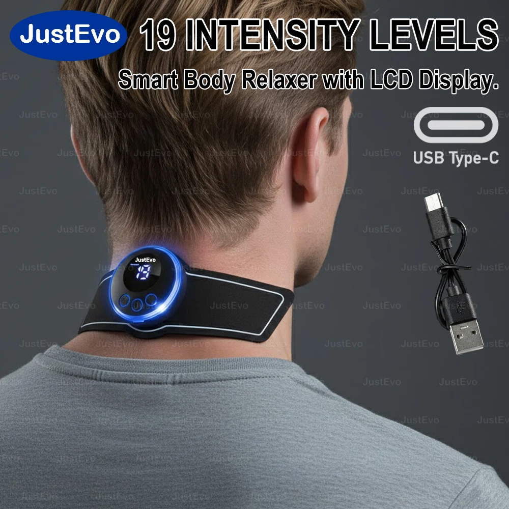 JustEvo Smart Body Relaxer, suitable for use on multiple areas including the neck, waist, and arms. Features 8 modes and 19 adju