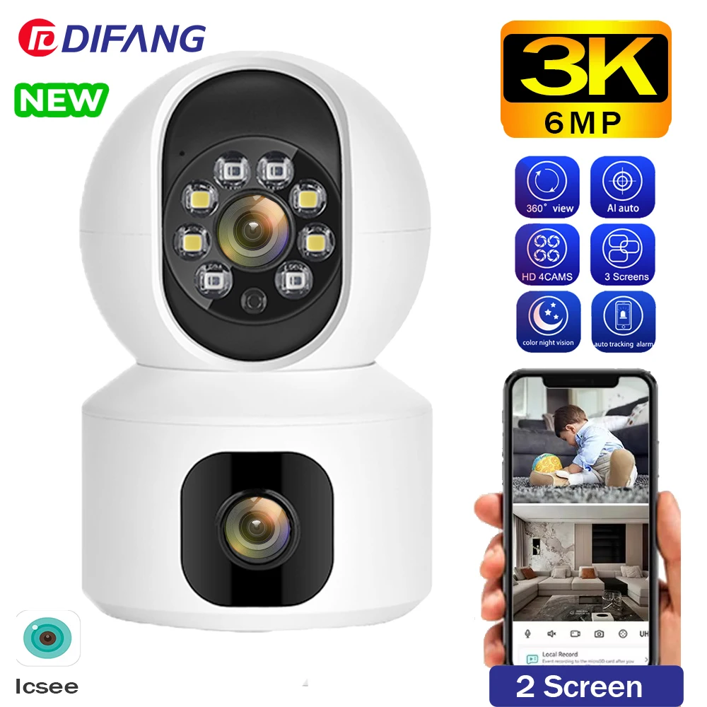 

DIFANG 3K 6MP WiFi Camera Dual Lens Dual Screen Video Baby Monitor Security-Protection Ai Track Pet Monitor Icsee Surveillance