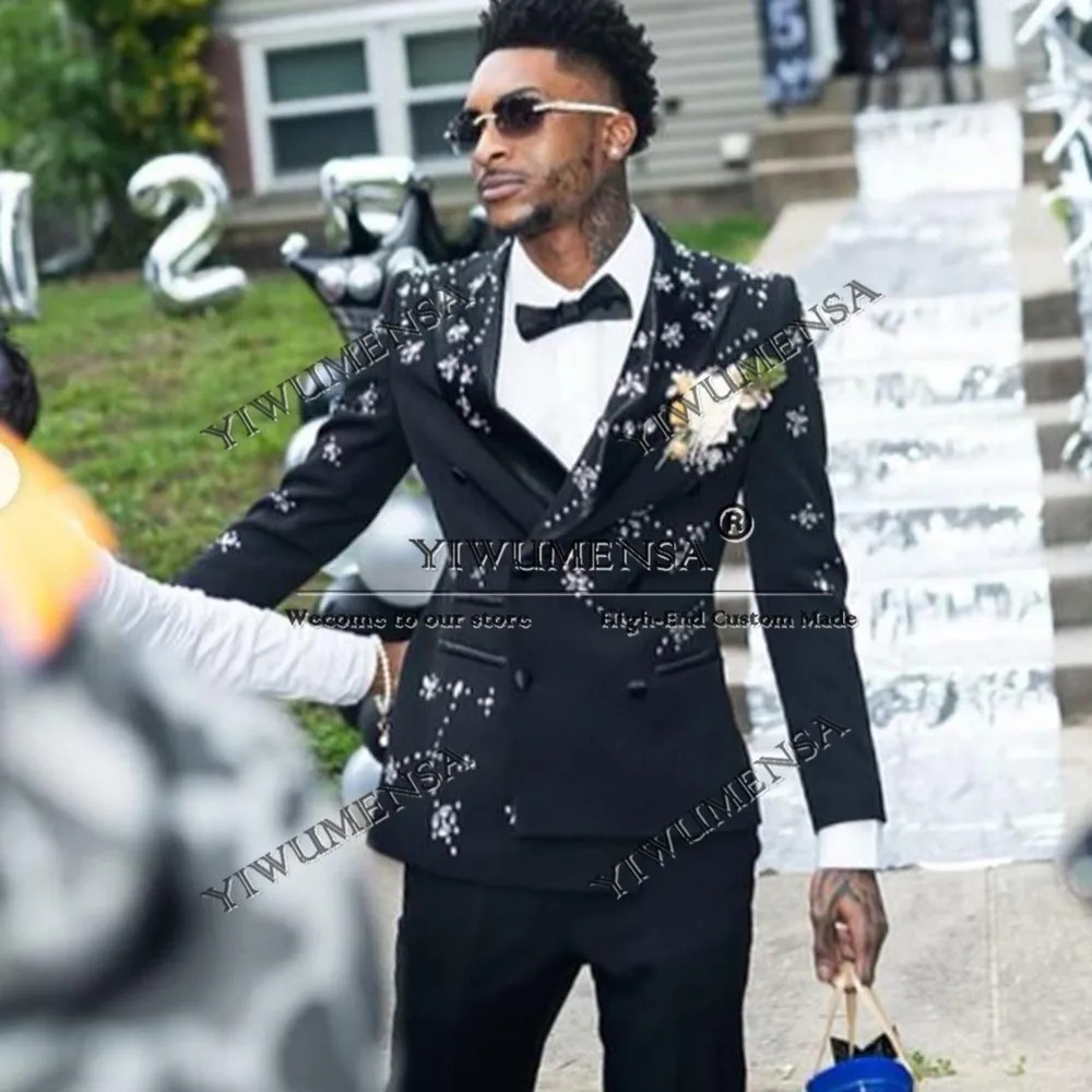 

Glitter Diamond Beads Suits Men For Wedding Double Breasted Jacket Pants 2 Pieces Man Formal Party Dress Groom Tuxedo Customized