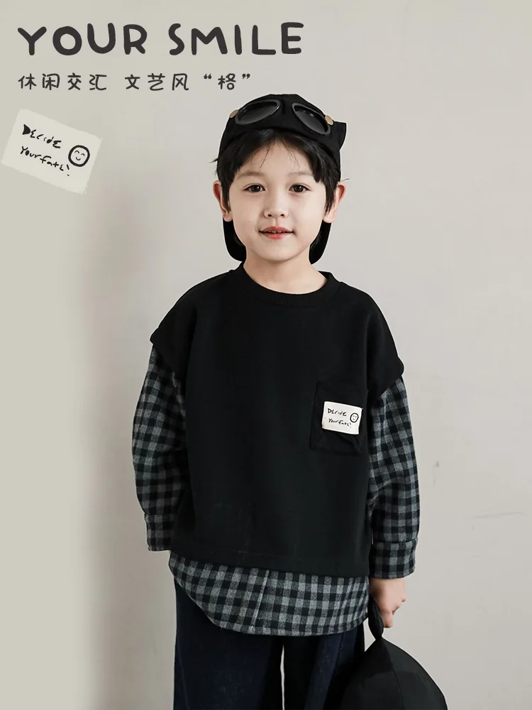 

Children's Clothing Sweatshirt Plaid Patchwork Spring Autumn 2023 New Pocket Casual Boys Top