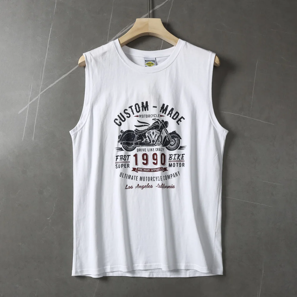 2025 Summer American Retro Sleeveless O-neck Motorcycle Printed T-shirt Men's Fashion 100% Cotton Basketball Sports Casual Vest