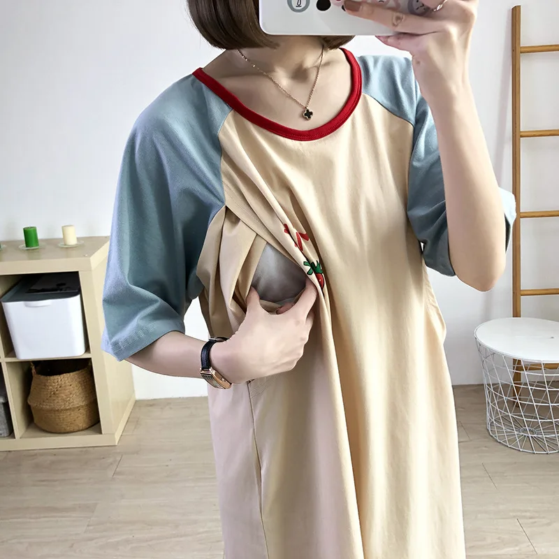 Vestido de Maternidad y Lactancia de Algodón Fino de Verano 2026, Manga Corta, Camisón Postparto, Ropa de Casa Moderna para Mamá