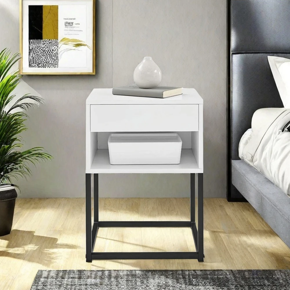 

Современный белый прикроватный столик с выдвижным ящиком, оптовая продажа китайской фабрики, деревянная тумбочка с металлическими ножками для спальни и гостиной
