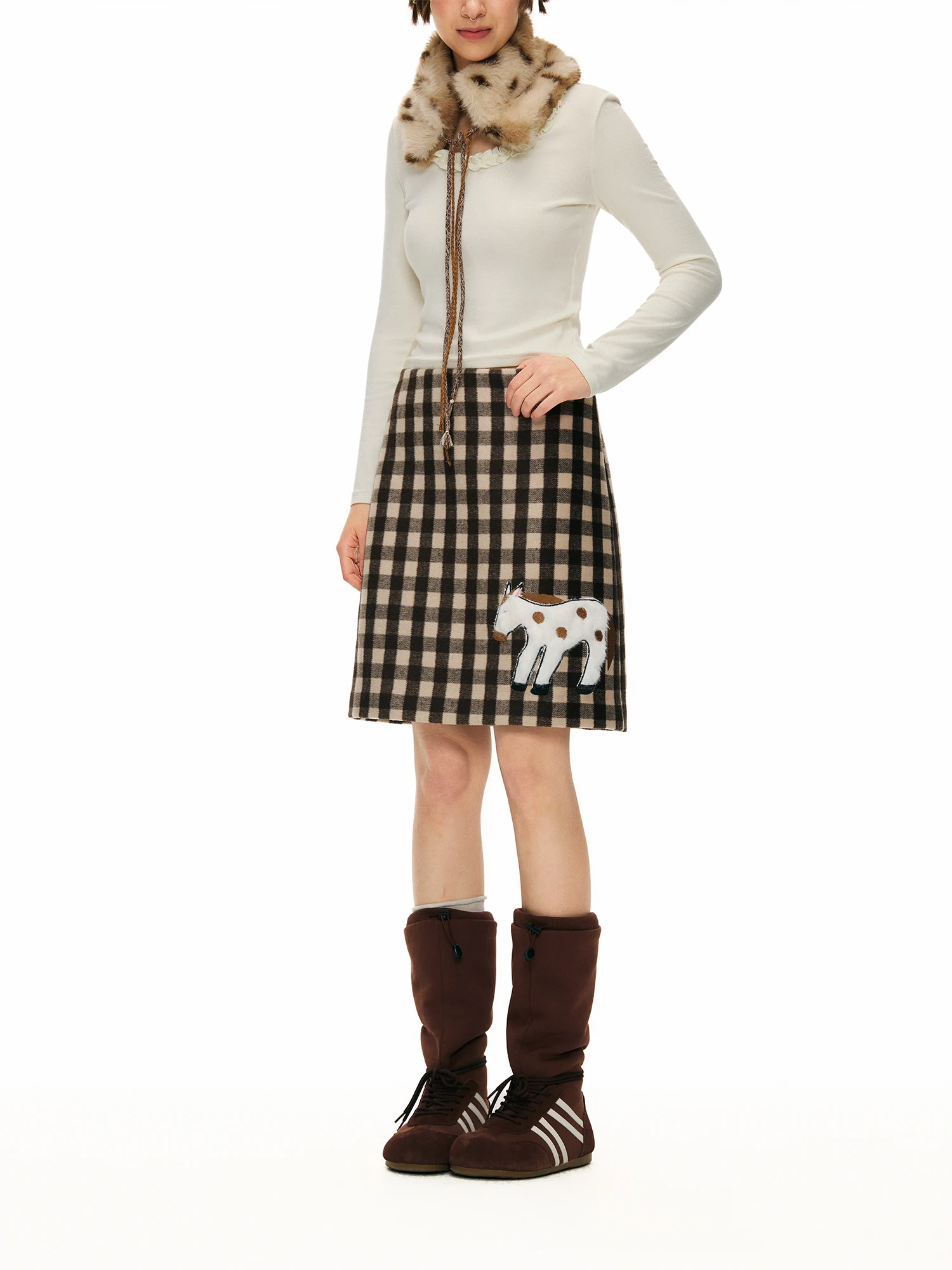 Outthe Blue Heavy Embroidery Woolen Tweed Midi Skirt Women's High Waist A-Line Skirt Casual Style Home Daily Wear
