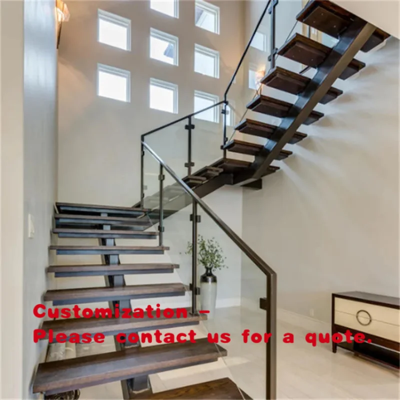 custom.Customizable Indoor Straight Staircase, Steel Frame with Wood Treads & Glass Railing Residential & Commercial Use