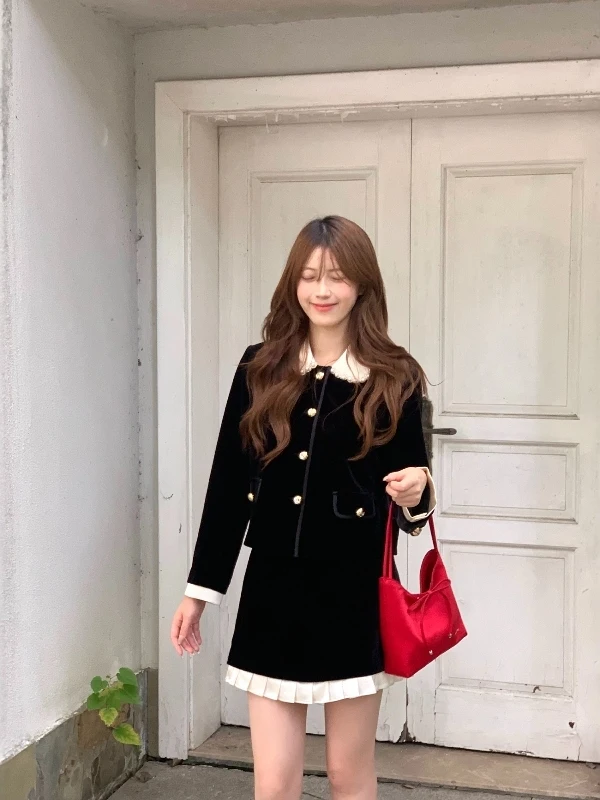 الربيع والخريف النمط الفرنسي سيدة الأسود مطرز التطريز دمية طوق المخملية سترة عالية الخصر ضئيلة تنورة قصيرة قطعتين مجموعة #5