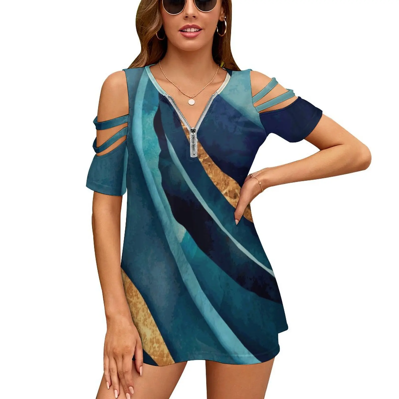 Abstract Blue With Gold New Fashion Zip Off Shoulder Top Short-Sleeve Women Shirt Blue Gold Abstract Intense Bold Contemporary