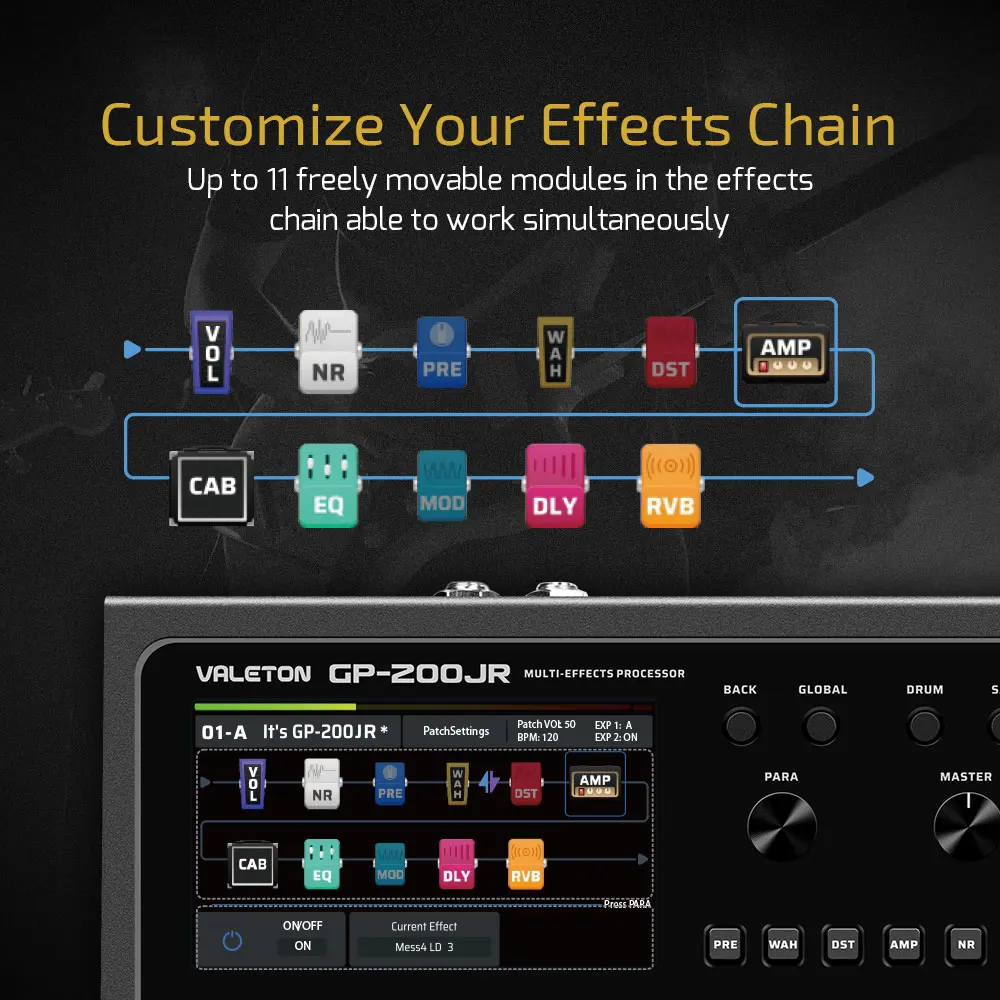 Valeton GP-200JR Brasil Guitar Bass Amp Processador Multi-Efeitos FX Loop MIDI I/O Estéreo OTG Interface de Áudio USB