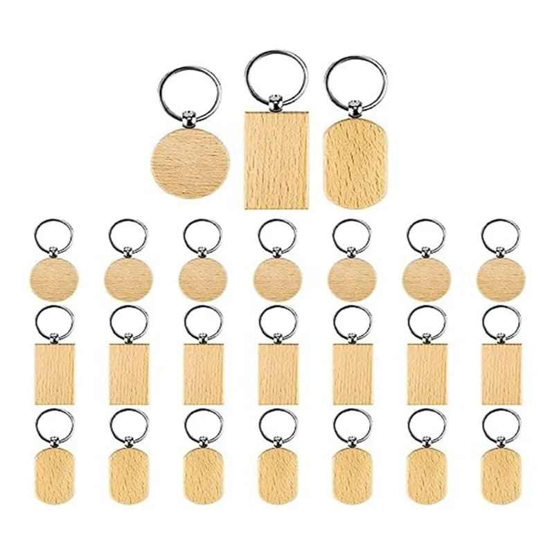 AB7-24Pcs Wooden Keychain Blanks, Engraving Blanks Wood Blanks Unfinished Wooden Key Ring Key Tag for DIY Gift Crafts