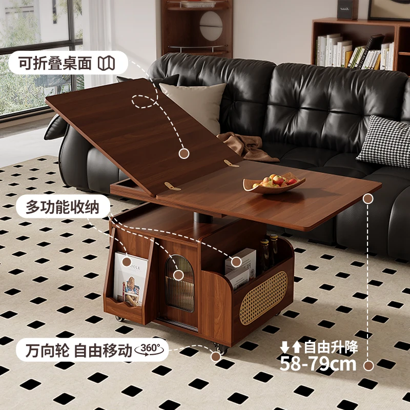 Solid wood liftable stacking small apartment mobile cart dual-purpose multi-functional sofa side table
