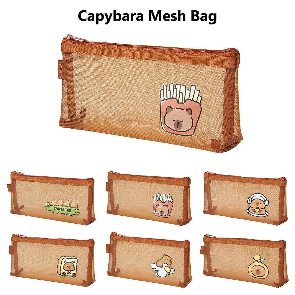 

Многофункциональная сетчатая сумка для ручек с капибарой, прозрачная сетчатая сумка для хранения на молнии, большой вместительный органайзер для канцелярских принадлежностей для студентов