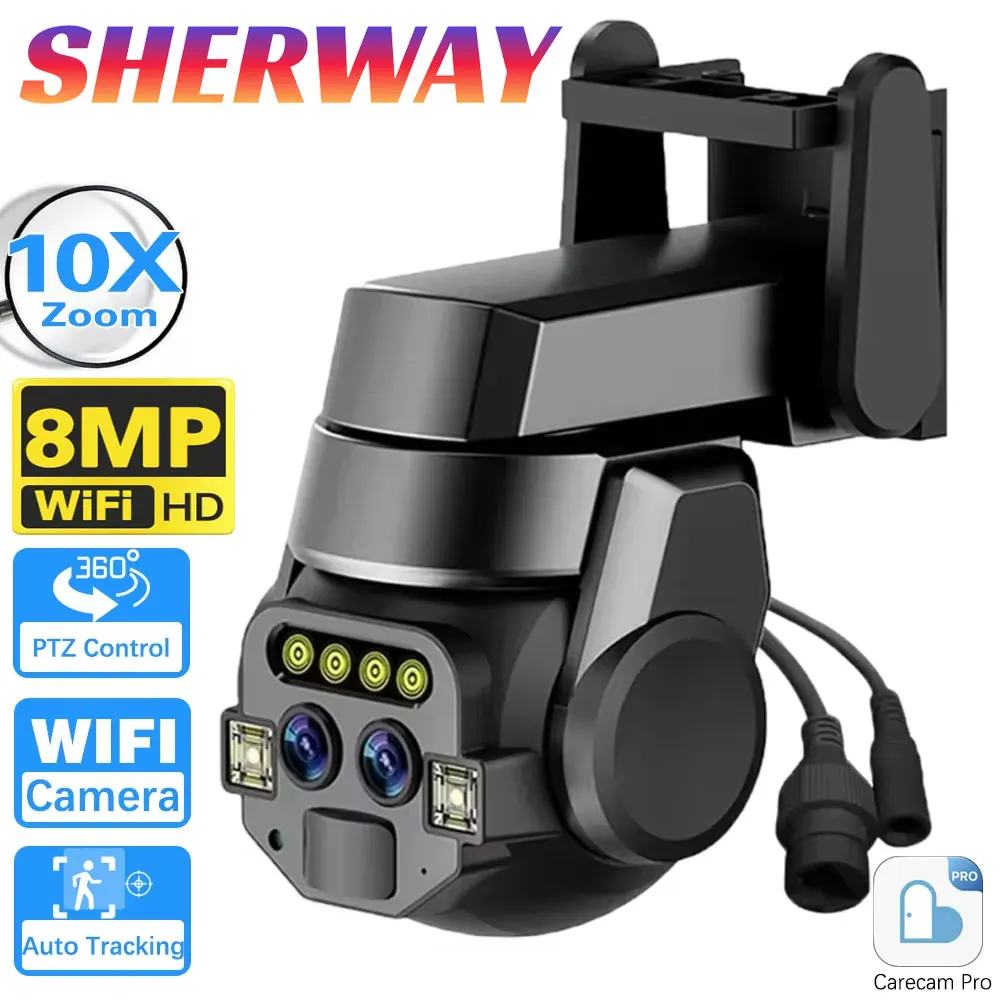 4K WiFi Surveillance Camera Outdoor Dual Lens PTZ IP Cameras Auto Tracking Video Security Protection CCTV Wireless Surveillance