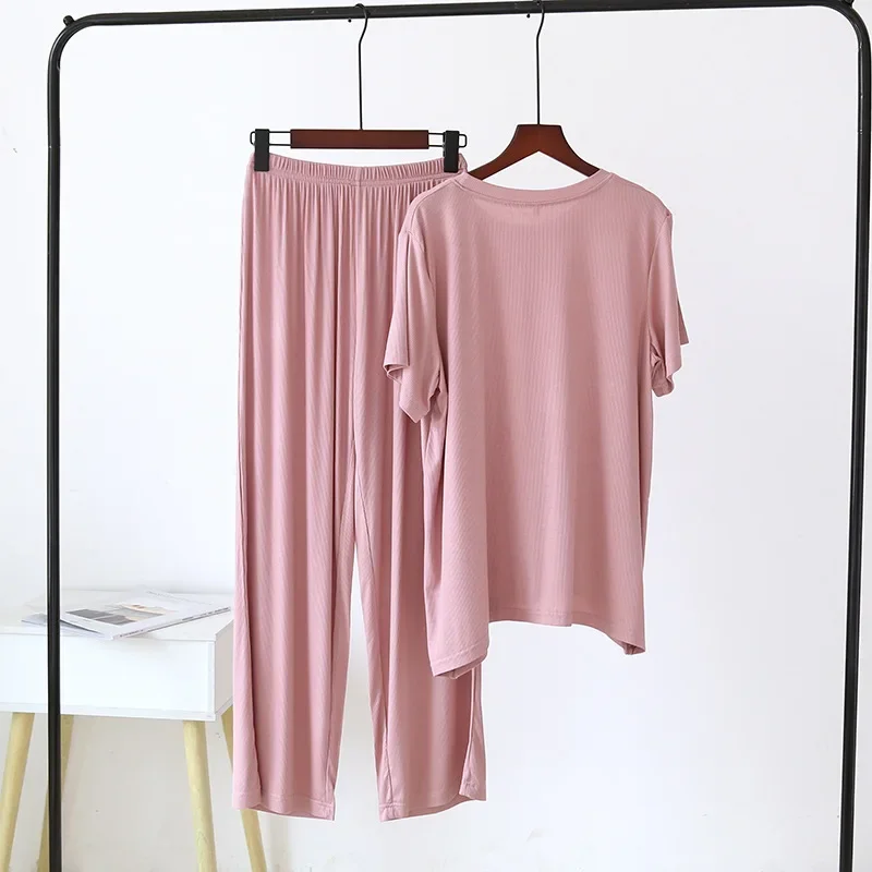 Spring and summer new ladies pajamas short sleeves + trousers two-piece modal thin loose large size solid color homewear suit