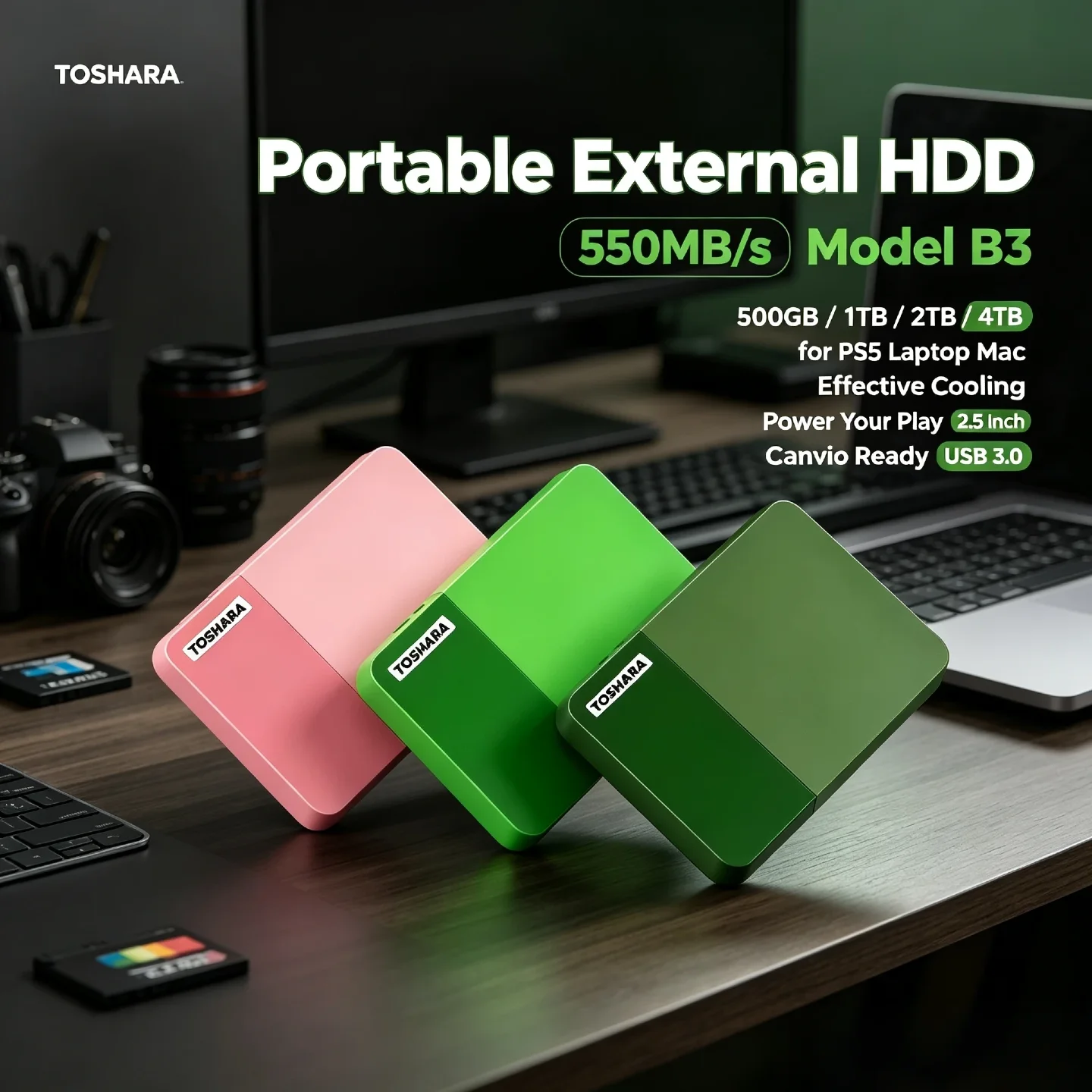 TOSHARA B3 Portable External Hard Drive 550MB/s 4TB 2TB 1TB 500GB for PS5 Laptop Mac Reliable Storage Fast Transfer High Speed