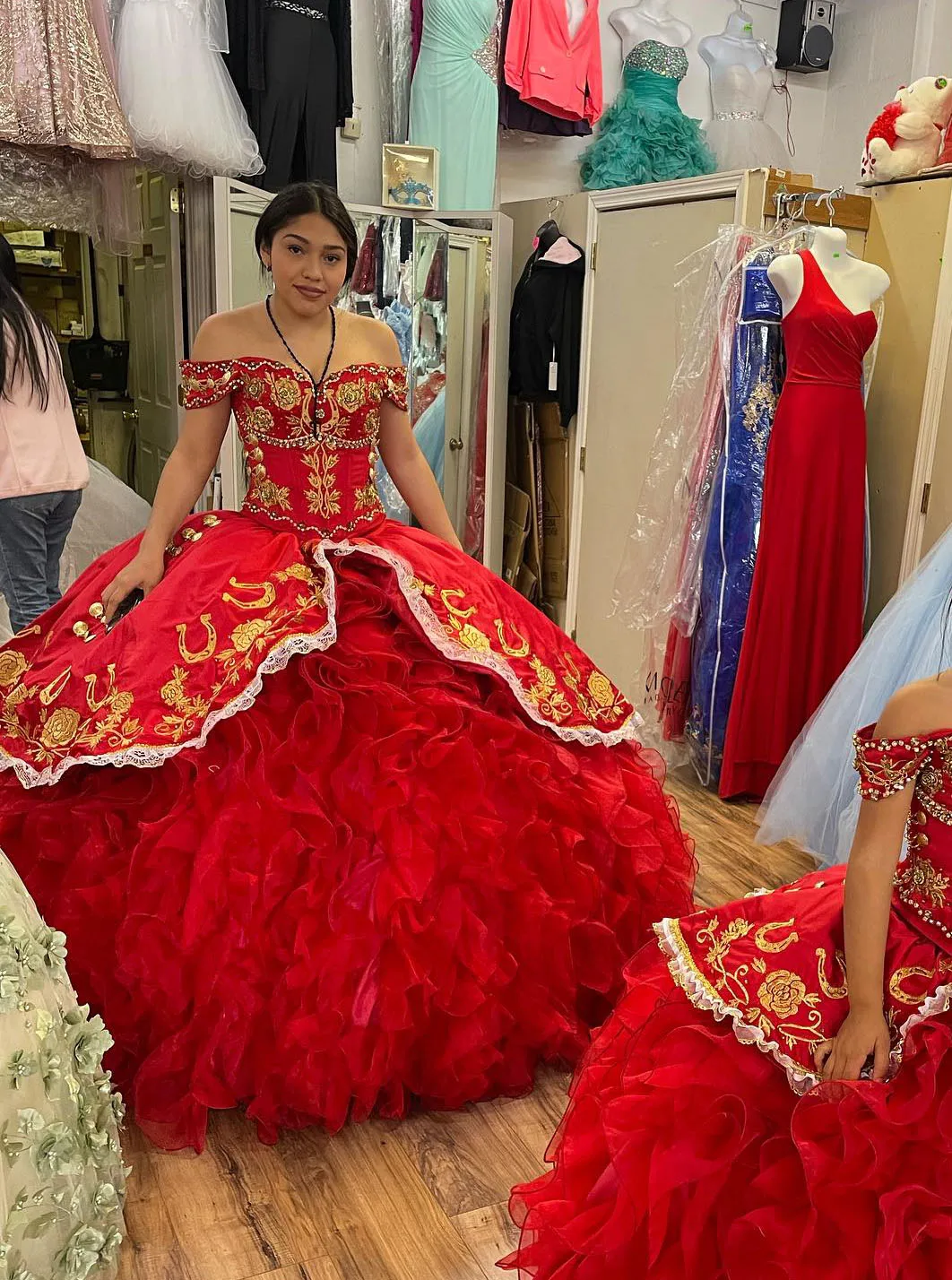 Red Charro Style Ruffles Gold Embroidery Quinceanera Dress Off the Shoulder Sweet 16 Dresses with Metal Buttons and Long Train