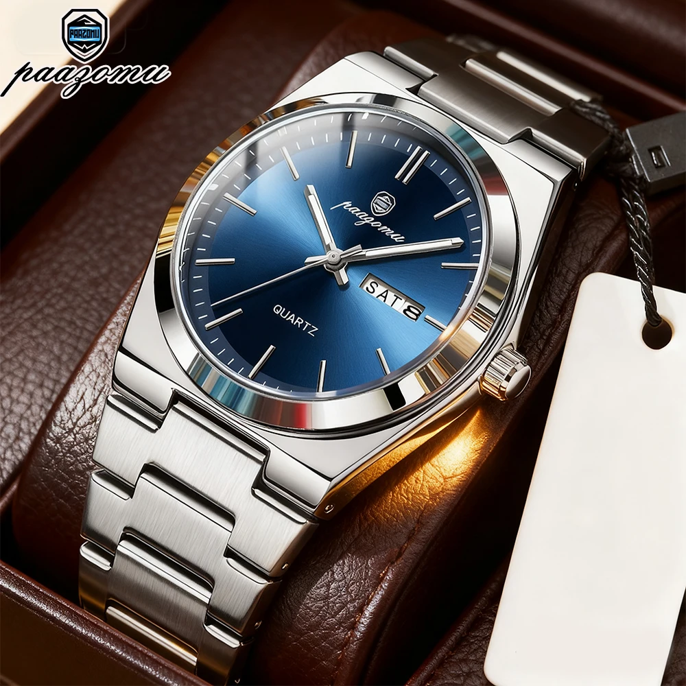 PAAZOMU 럭셔리 쿼츠 남성 손목시계 스포츠 남성 시계 방수 발광 날짜 요일 스테인리스 스틸 남성 시계 남성용 시계+박스