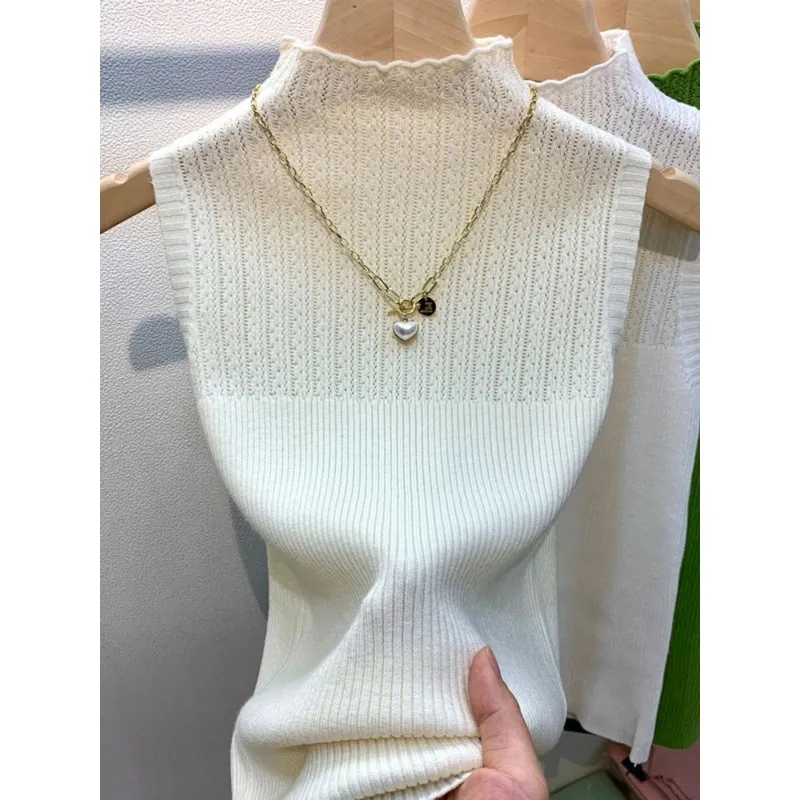 Half Turtleneck Sleeveless Vest for Women Fashionable Sexy and Chic Knitted Sweater Slim Shirt Right Shoulder Top
