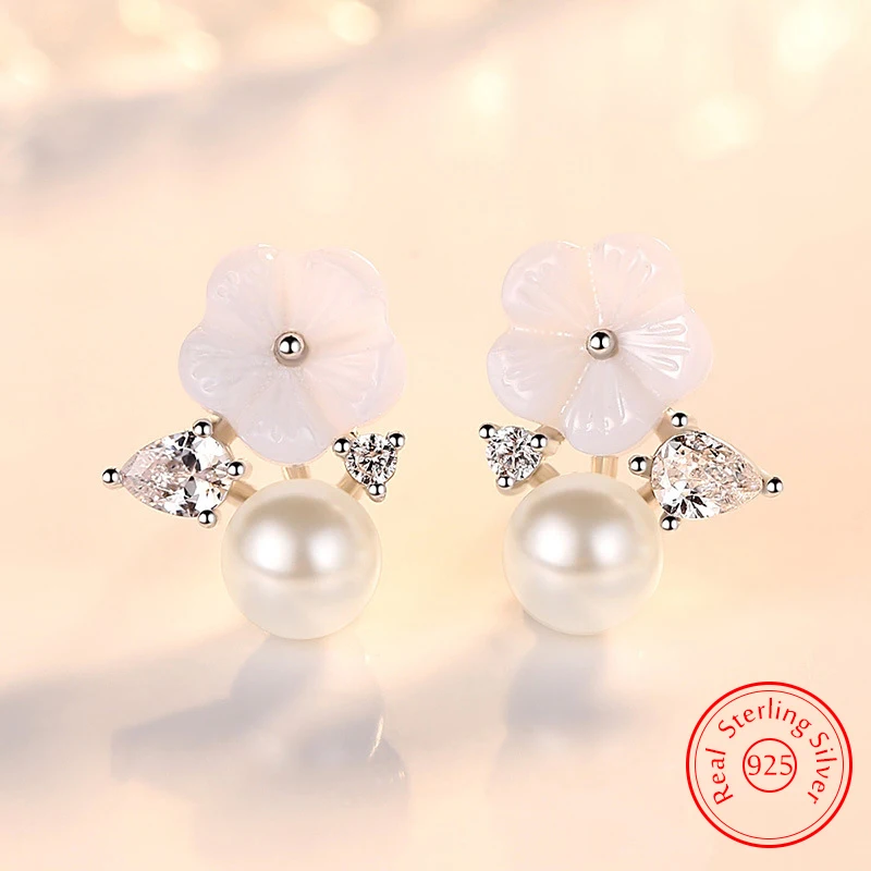 

Gift Women's 925 Sterling Silver Pearl Crystal Jewelry Fashion New Flower Stud Earrings XY0274