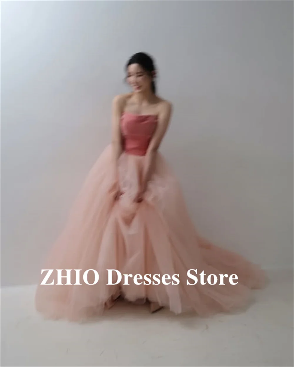 ZHIO الخوخ الوردي ألف خط تول الربط فساتين الحفلات المسائية كوريا صورة تبادل لاطلاق النار ألف خط فساتين الزفاف حفلة رسمية مخصصة #1