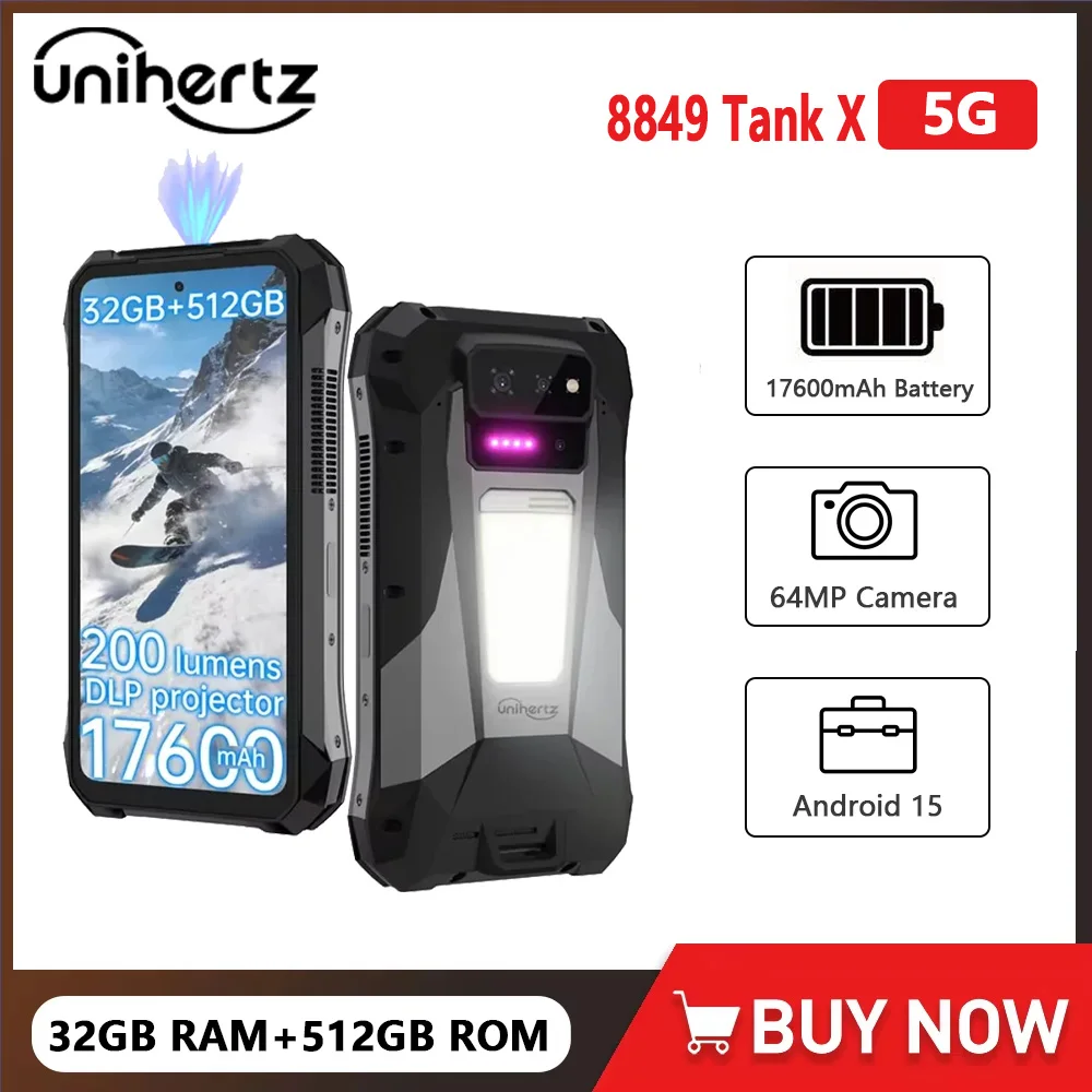 Unihertz TANK X 8849 5G Rugged Phone 32+512GB Android 15 Built-in 1080P 220lumen Projector 50MP+64MP Camara 17600mah Battery NFC