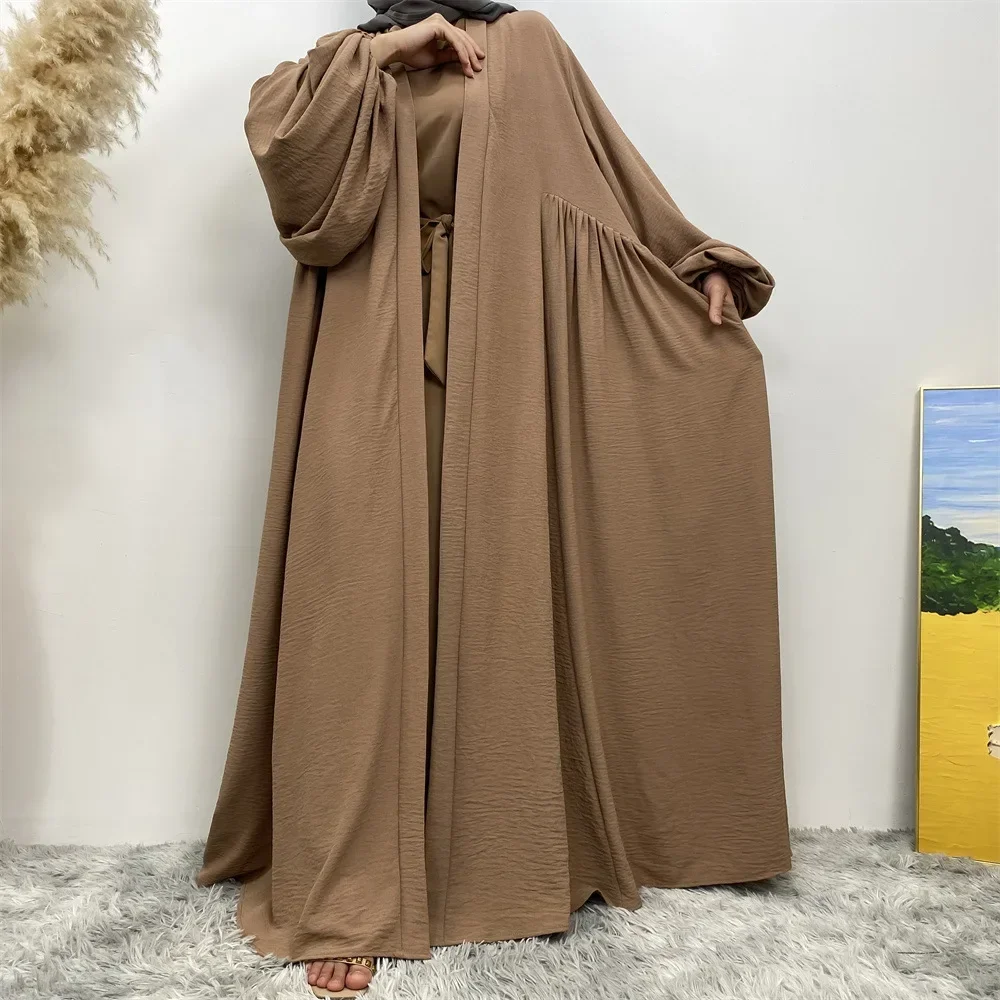 

Muslim Dresses Loose Elastic Cuff Robe Cardigan Abayas for Women Kaftan Femme Musulman Ruffled Cardigan with Pocket Dubai Abaya