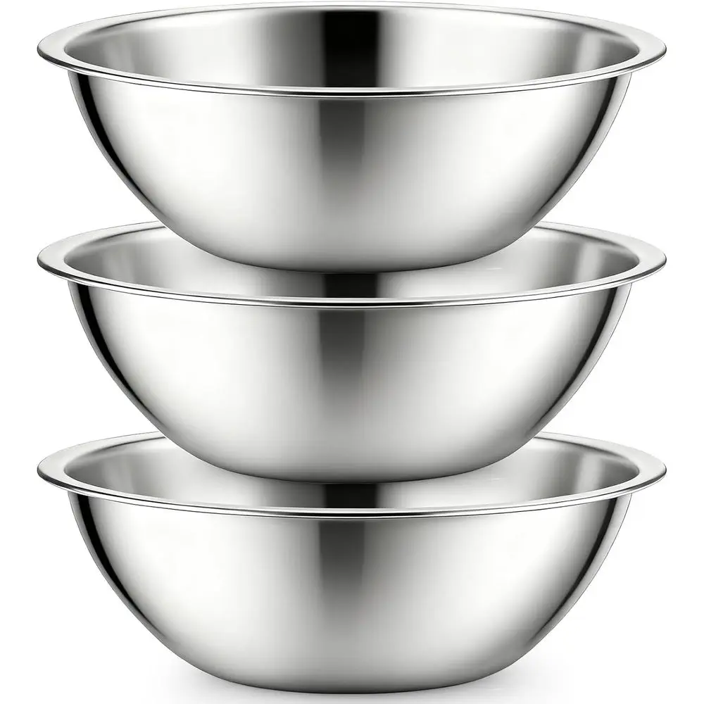 Set of 3 Stainless Steel Mixing Bowls, 6 Quart Large Serving Bowl, 12.6 Inch Polished Metal Kitchen Bowls for Cooking and Food P