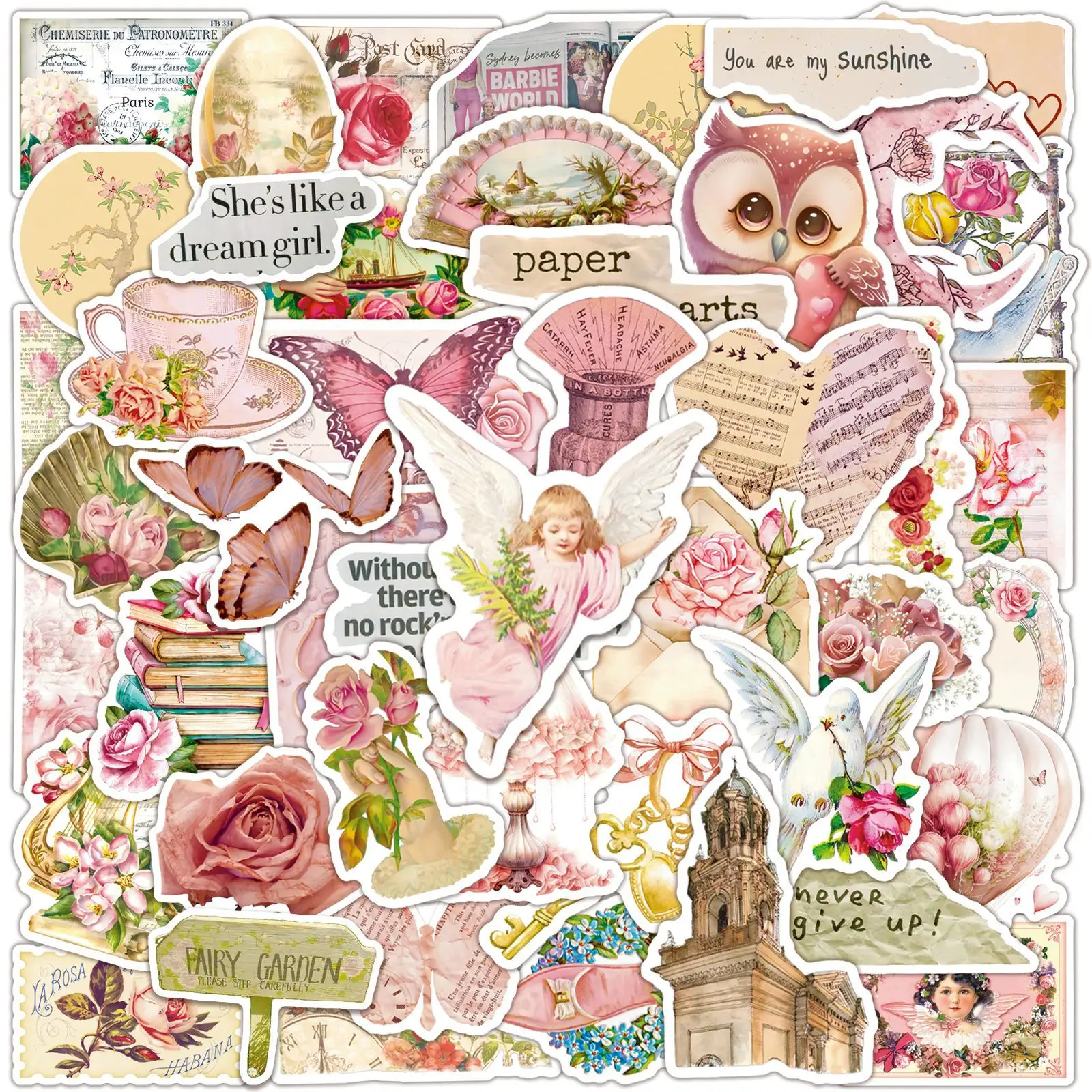 

50Pcs Pink Retro Paper Pieces Stickers Graffiti for DIY Scrapbooking Phone Laptop Guitar Travel Luggage Helmet Stationery Toy
