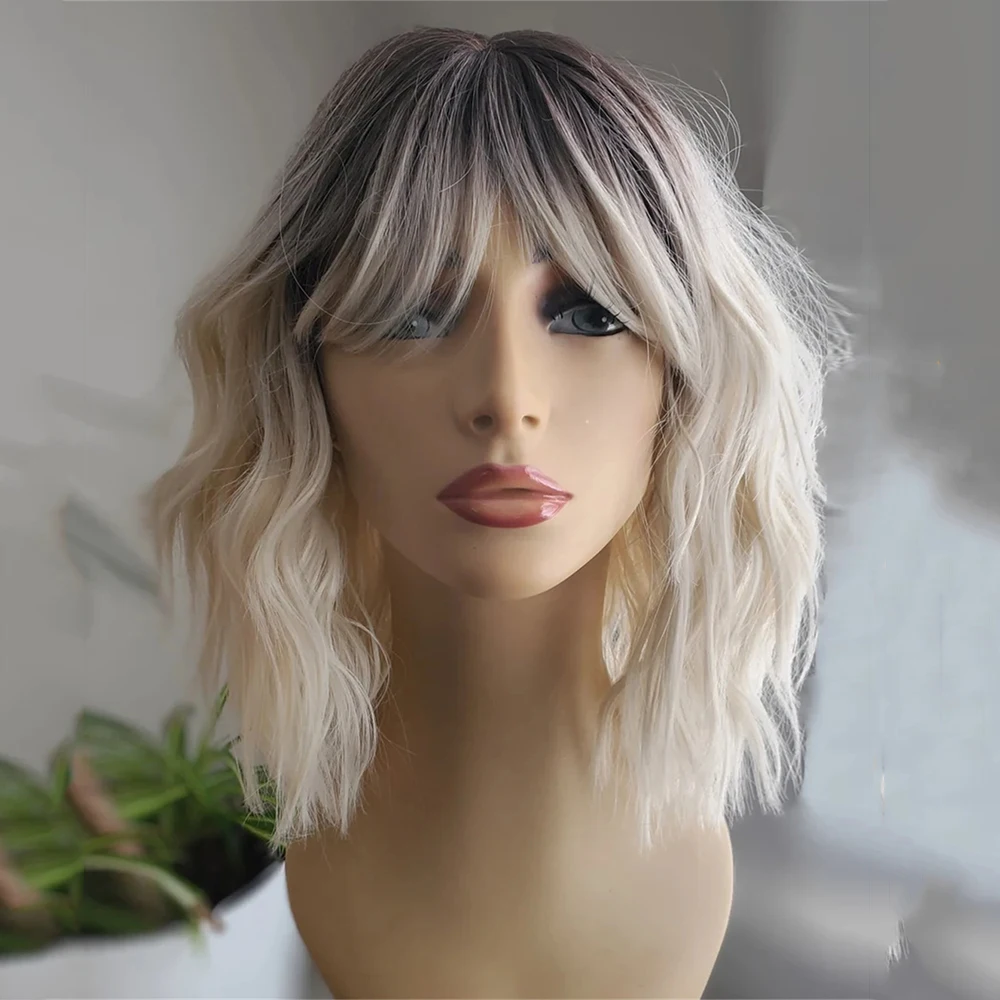 Rooted Blonde Bob Wig with Bangs Shoulder Length Highlighted Natural Wave Mixed Human Hair Wig Heat Safe Fringe Wigs for Women