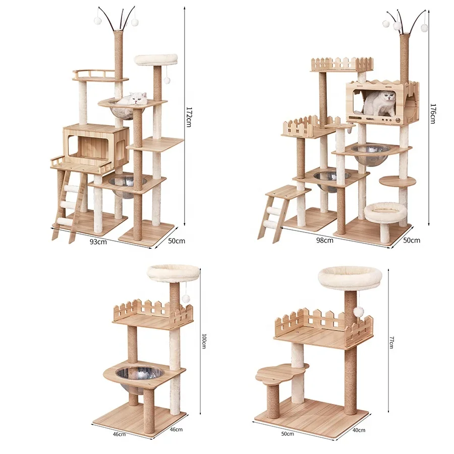 Pet factory direct sale discount solid wood cat tree tower multi jumping platform with house cat trees for large cats