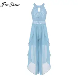 Summer Girls Sleeveless Chiffon Maxi Dress Shiny Beaded Lace Built-in Shorts Party Dress for Wedding Birthday Dance Performance