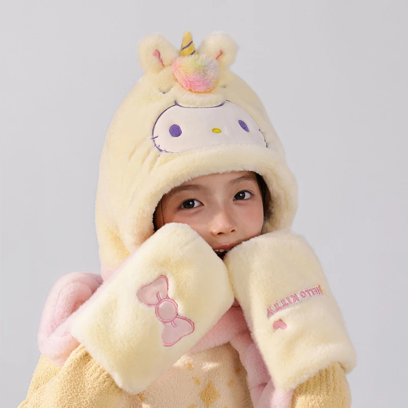 Miniso hello kitty Winter Children Hat Scarf Gloves Three-piece Kid Cap 3 in1 Girl Headcap Neck Cover Pupil Neckwarmer Warm Gift