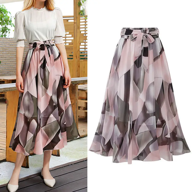 

Women's New Mid-length Floral Skirt with High Waist Large Size Slimming and Casual A-line Chiffon Skirt