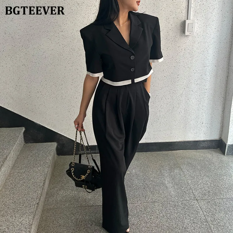 BGTEEVER Women\'s Summer Trouser Suit Elegant Blazer 2 Pieces Sets High Waist Wide Leg Pants Patchwork Jacket Outfits Ladies