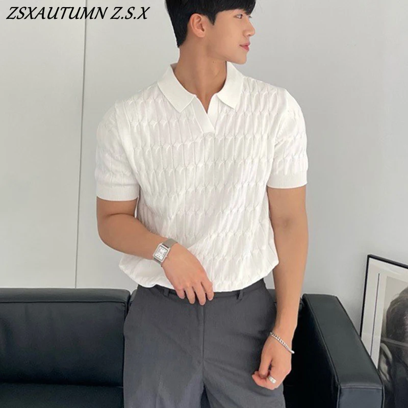 Korean Fashion Men's Knitted Polo Shirt Casual Stripe Elegant Short Sleeve T-Shirt Breathable Light Luxury Simple Summer Top