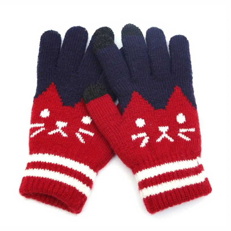 Women's Winter Warm Gloves Cat Jacquard Design Soft Elastic Full-Finger Cold-Proof Red Cat Face Paw Print Pattern.Labubo.