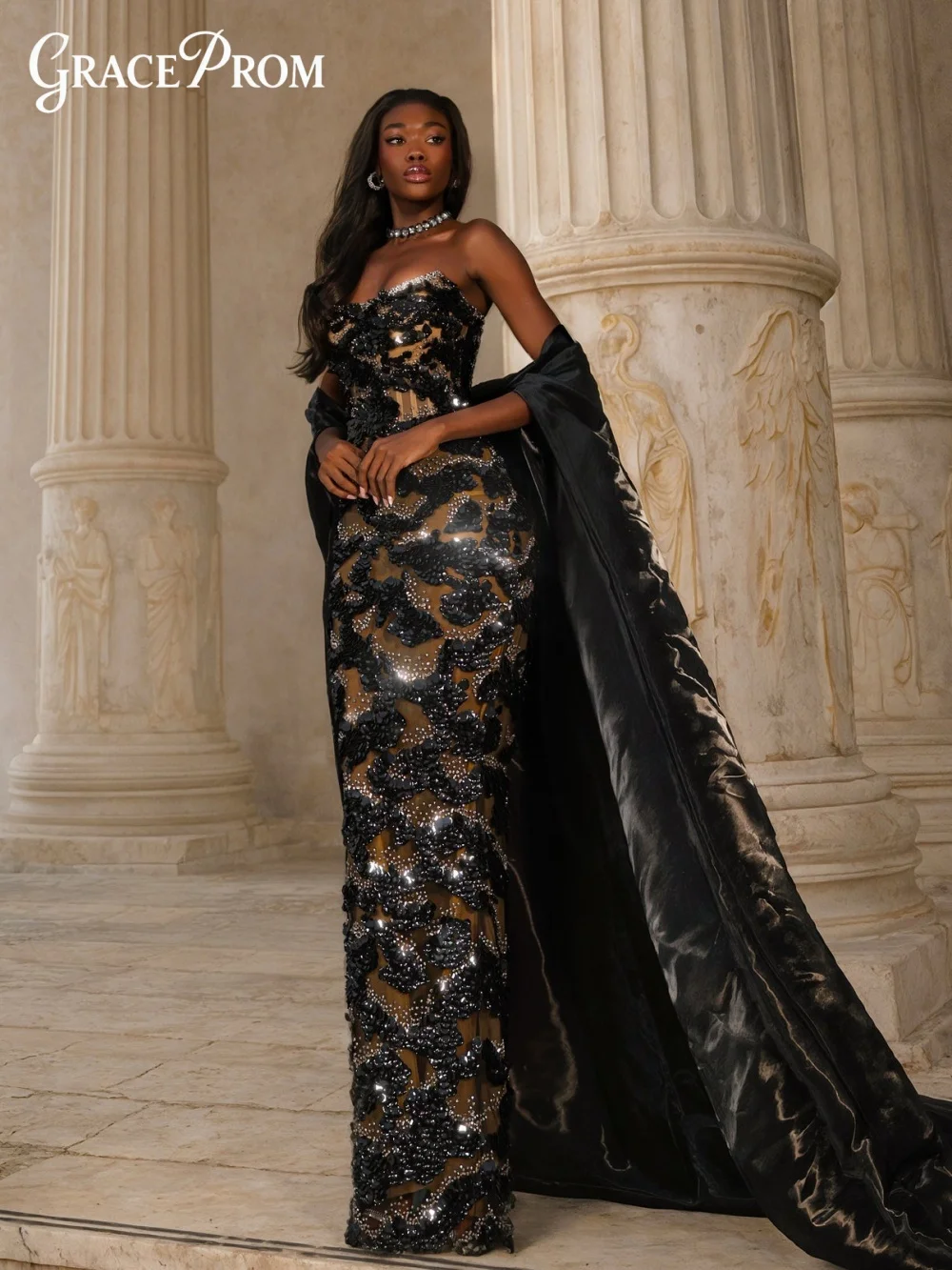 

Elegant Matching Cape Evening Gown 2026 Black Nude Rhinestone Strapless Party Dress Formal Gown For Wedding Guests فساتين سهرة
