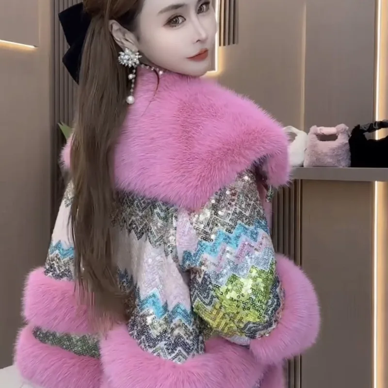 خريف شتاء موضة جديدة الصناعة الثقيلة الفراء الترتر تقليد الجلود الربط سميكة الفراء الإناث مزاجه الشباب سترة #3